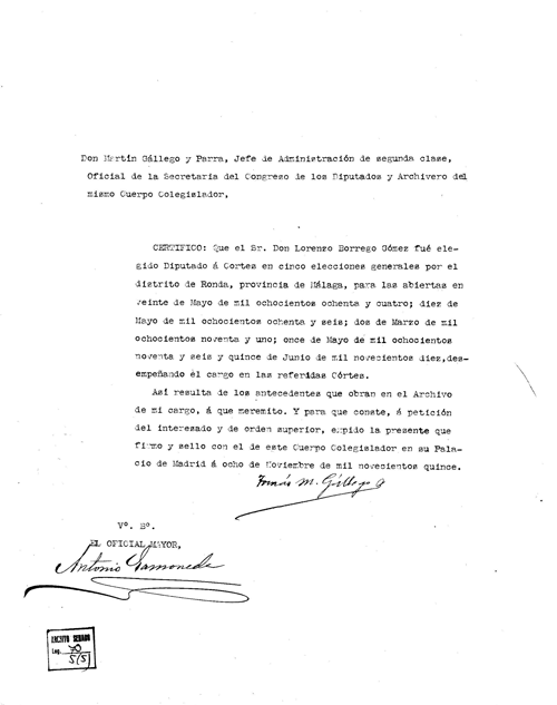 Certificación de las elecciones en relación a Don Lorenzo Borrego